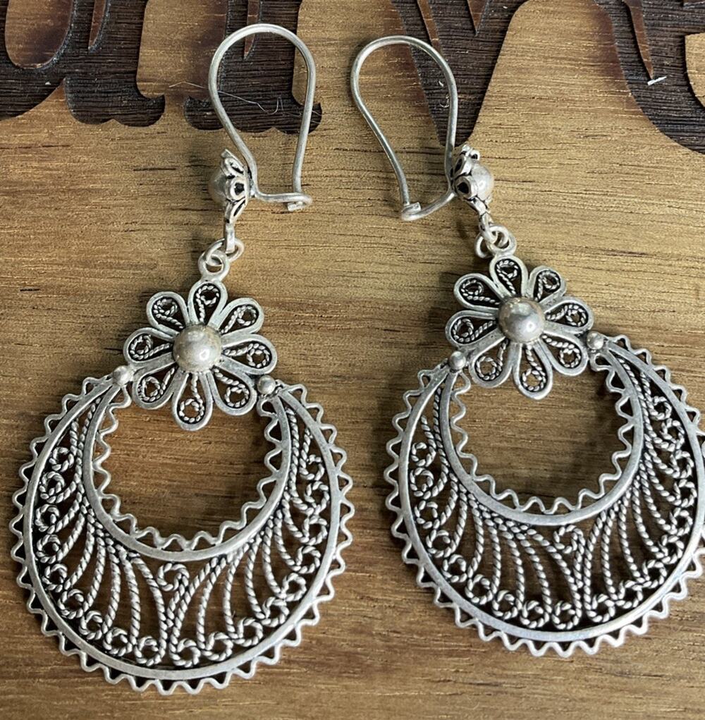 Vintage DGS Sterling Silver Turkey Filigree Crescent Moon Floral Dangle Earrings